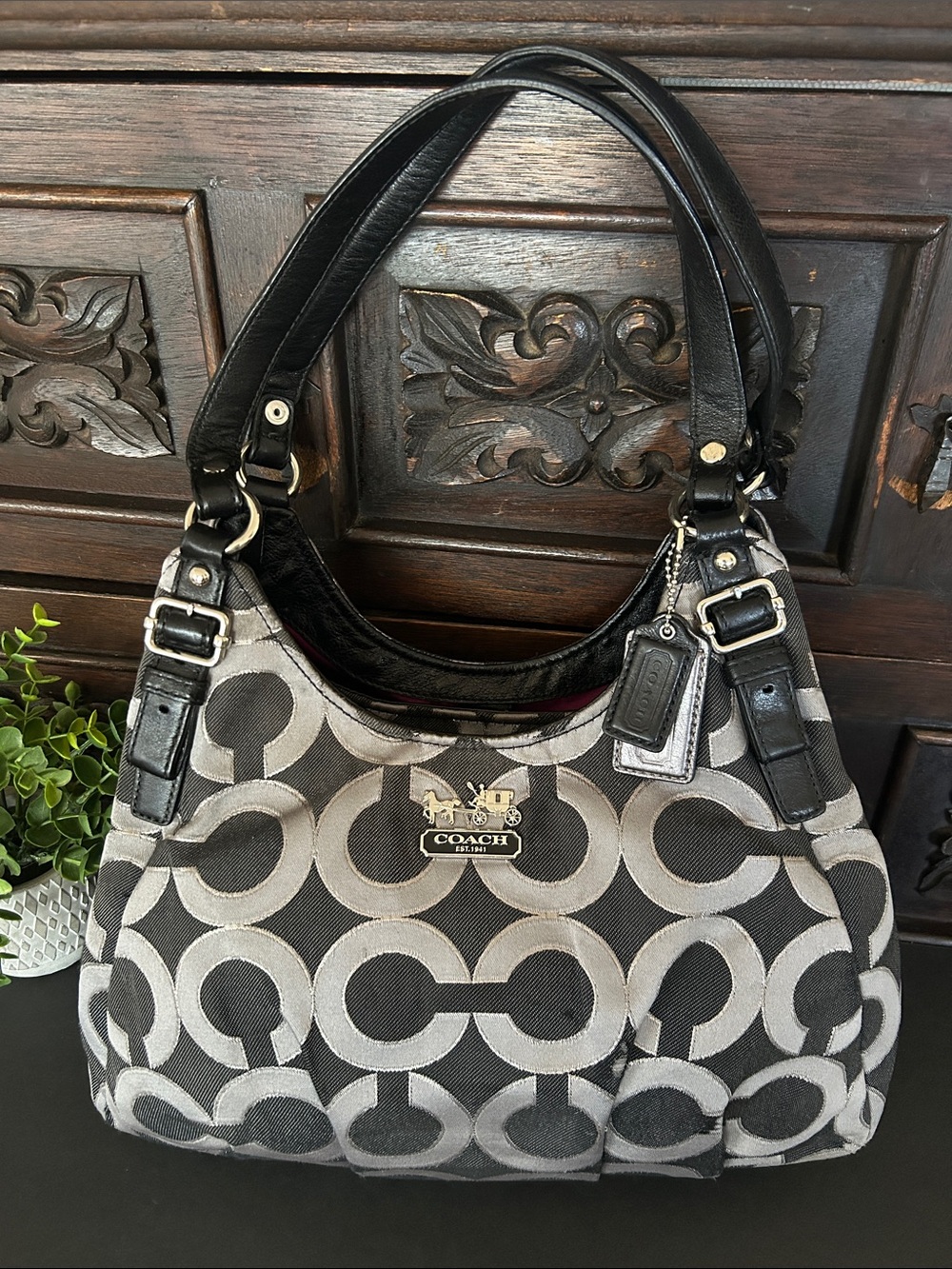 Coach Black & Gray Signature Canvas Shoulder Bag